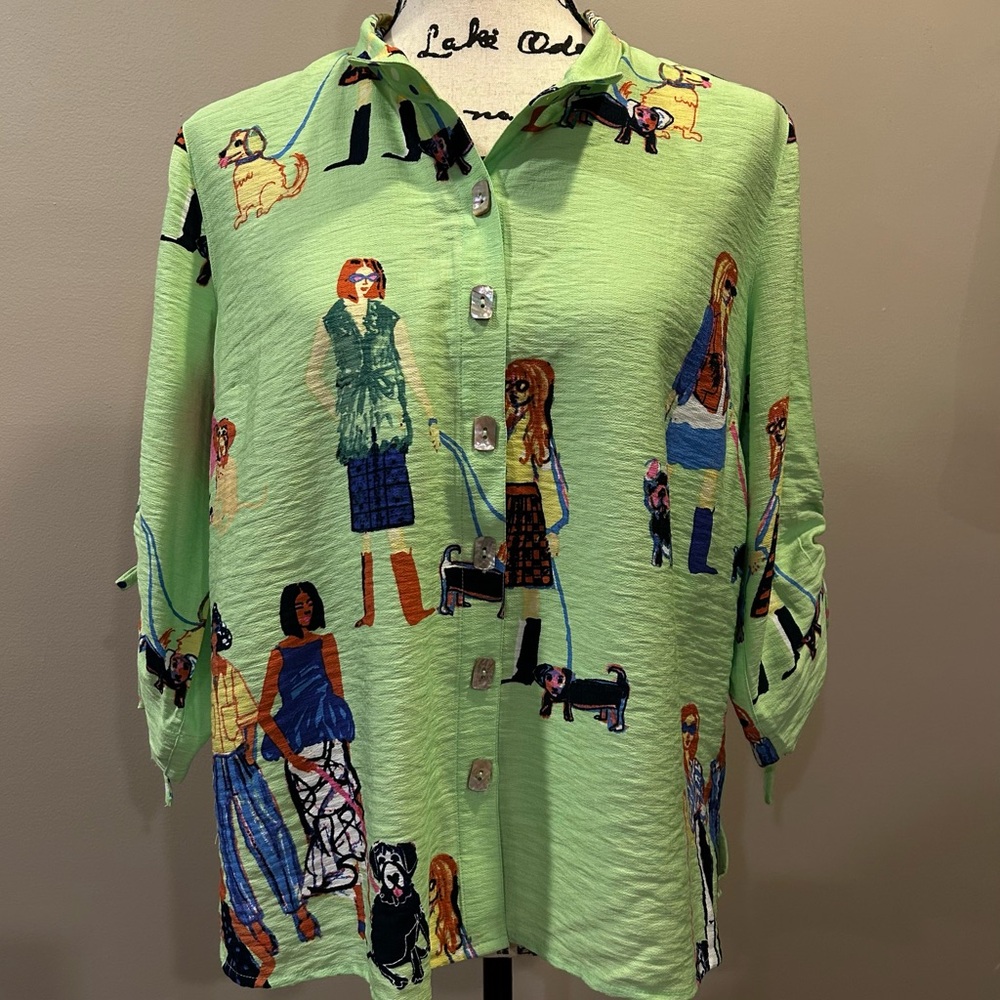 John Mark Vibrant Green Button-Up Shirt with Dog Walker Print
